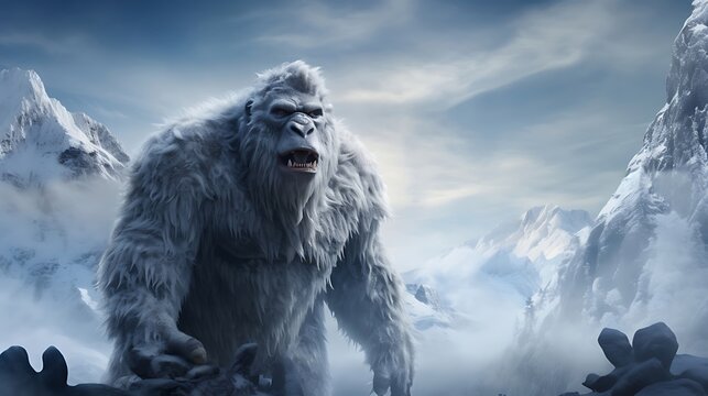 Enigmatic Majesty: White Gorilla Amidst Serene Snow-Covered Mountain Expanse, A Captivating Vision of Nature's Magnificence and Primal Beauty