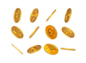 3d Falling Golden Shiny British Pound Rounded Coins On White Background 3d Illustration