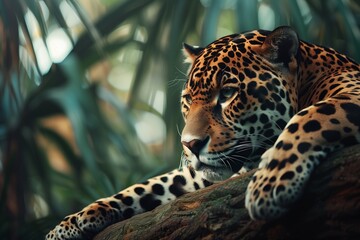 A high-definition image capturing the regal presence of a majestic jaguar amidst vibrant greenery, the sleek feline's coat and gaze emphasized with stunning realism.