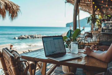 A person working from a cozy cafe or beachside location. Remote work concept.
