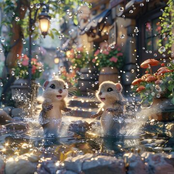 Two animated chipmunks enjoying a playful moment, splashing in water surrounded by bubbles, in a beautifully detailed 3D rendered scene.
