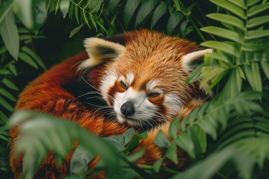 A detailed photograph capturing a red panda in high definition, its endearing face framed by lush green foliage, the play of textures and colors creating a captivating scene. 