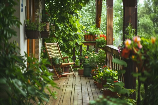 A detailed photograph of a stunning balcony or terrace with a wooden floor, cozy chair, and flourishing potted flowers, the HD lens capturing the tranquil beauty of outdoor living.