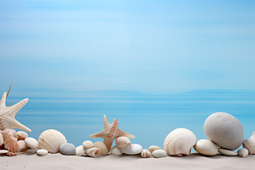 Shells and stones arranged against a soft blue background for text or design elements, allowing for versatile use in a variety of creative projects