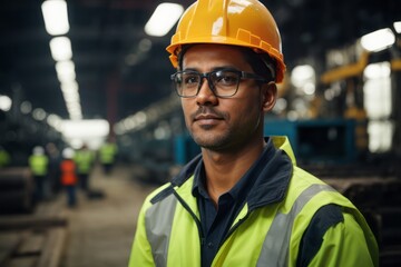 Fototapeta premium professional heavy industry engineer wearing uniform, glasses and safety hat in steel industrial factory