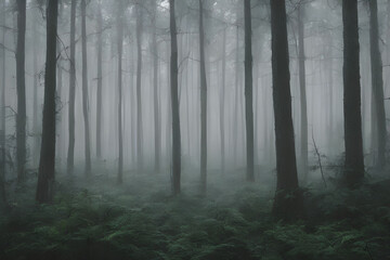 In a foggy forest on a rainy day ai