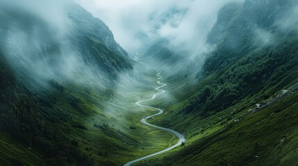 A road winding through a misty valley,  symbolizing the challenges and obstacles encountered by startups on their journey