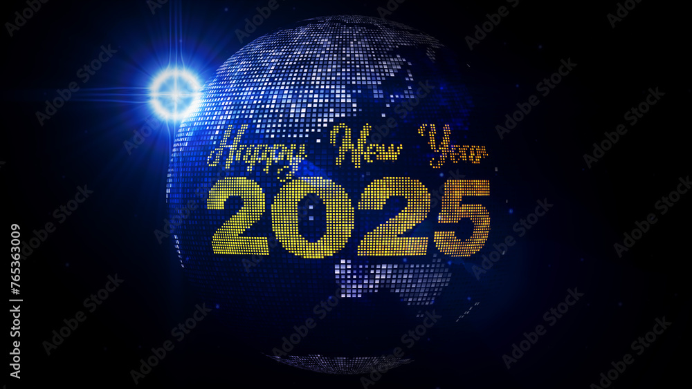 Poster futuristic blue yellow shiny happy new year 2025 lettering on square grid mosaic tile globe world ma