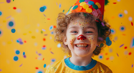 A laughable young clown playing with festive décor, a happy youngster, birthday, and the first April Fool's joke idea. - obrazy, fototapety, plakaty