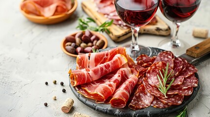 Wooden board with delicious jamon and red wine on light background - 765363045