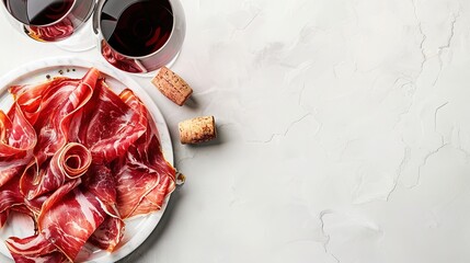 Wooden board with delicious jamon and red wine on light background