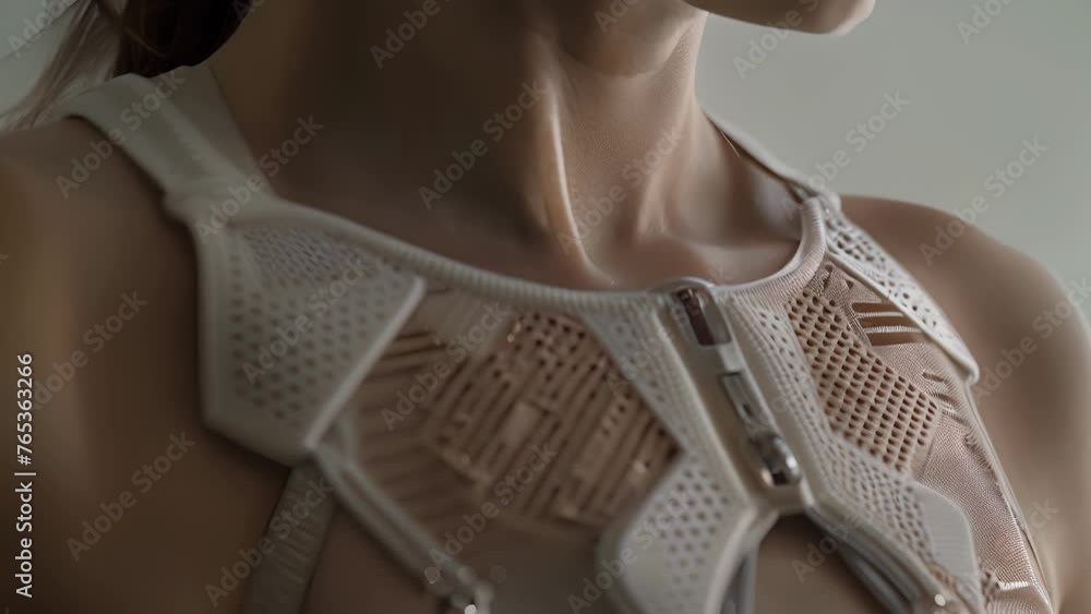 Poster a closeup of a smart bra with adjustable ss and sensors to measure and improve shoulder positioning.