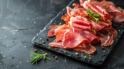 Slices of prosciutto di parma or jamon serrano (iberico) on a black plate on a dark slate - 765363283