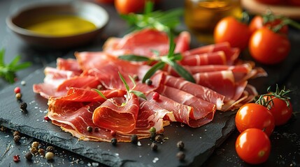 Slices of prosciutto di parma or jamon serrano (iberico) on a black plate on a dark slate