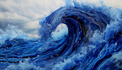 A large wave crashing into the ocean, with a blue and white color scheme. Scene is powerful and dynamic, as the wave appears to be in motion and has a strong presence in the scene