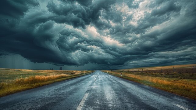 A road leading towards a dramatic stormy sky,  symbolizing the resilience and determination of startups in the face of adversity