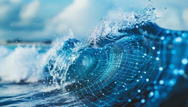 Futuristic digital wave energy flow in blue abstract background, A wave in the ocean with a blue and white background. The wave is made up of many small dots, giving it a digital appearance - Powered by Adobe