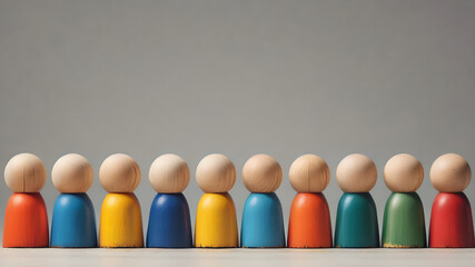 Naklejka premium Colorful Wooden figure peg dolls. creative thinking and human resources, Recruitment employee concept AI generated image, ai