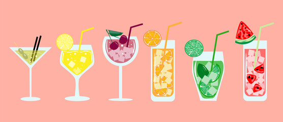 Cocktails and drinks in different glasses according to the menu. Alcoholic drinks. Vector illustration.