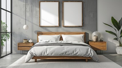 Modern bedroom decor design in a Scandinavian style. Bedside cabinets and a natural wood bed against a wall with two poster frames.