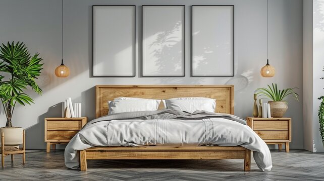 Modern bedroom decor design in a Scandinavian style. Bedside cabinets and a natural wood bed against a wall with two poster frames.