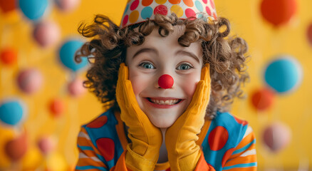 A young clown playing with festive décor in a joyful and colorful birthday or April Fool's celebration. - obrazy, fototapety, plakaty