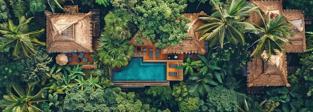 aerial picture of a five-star hotel with pools, a straw roof cottage, and palm trees and a tropical rainforest. opulent home in the forest