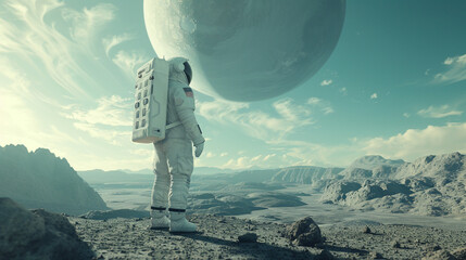 astronaut on the moon, An astronaut conducting experiments on a distant planet with an otherworldly landscape - obrazy, fototapety, plakaty
