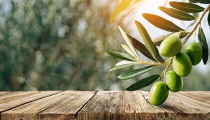 branch of green olives with leaves on empty wooden table on blurred natural background of olive garden sunset sunlight mockup for your design product advertising - obrazy, fototapety, plakaty