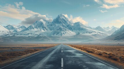 Fototapeta premium A road leading towards a distant mountain range, symbolizing the ambitious goals and aspirations of startups