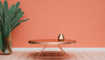 interior background with copper coffee table over coral wall 3d render