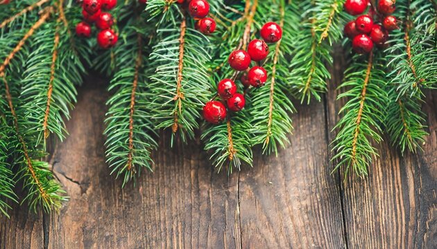 christmas tree banches and red berries background