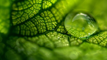 Green nature background with dewdrop on vibrant green leaf veins - obrazy, fototapety, plakaty