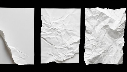 white crumpled and creased glued paper poster set isolated on black background