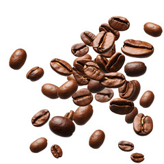 Falling coffee beans isolated on white and transparent background