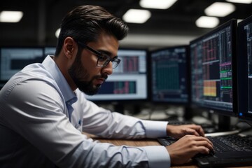 Obraz premium Engineer in front of desktop computer and software with industrial specialization engineering facilities background