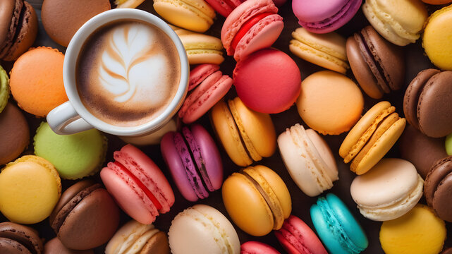Traditional french colorful macarons . Different multi-colored macaroon cookies. AI generated image, ai.