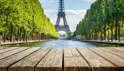 background with wooden deck table and eiffel tower in paris