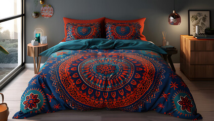 bed sheets on bed set, in the style MANDALA ILLUSTRATION ai generative