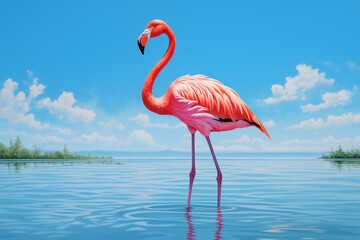 A majestic flamingo stands tall against the azure sky and a vibrant summer backdrop