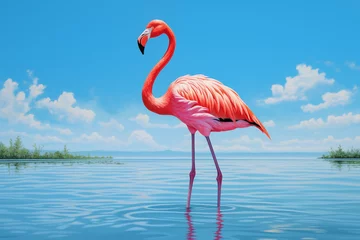 Fotobehang A majestic flamingo stands tall against the azure sky and a vibrant summer backdrop © h3bs