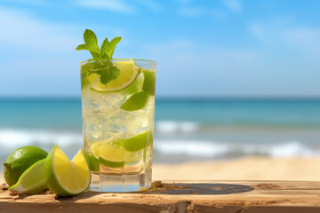 A mojito cocktail on table on beach against blue sky and gold sand
