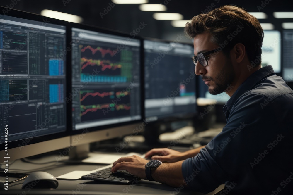 Wall mural engineer in front of desktop computer and software with industrial specialization engineering facili