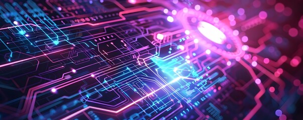 Fototapeta premium Digital futuristic technology abstract banner background electronic circuit line illuminated by vibrant neon lights, forming a dynamic and interconnected network of systems