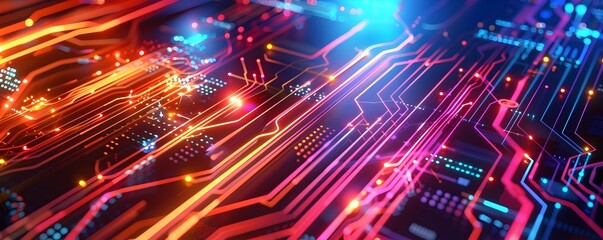 Naklejka premium Digital futuristic technology abstract banner background electronic circuit line illuminated by vibrant neon lights, forming a dynamic and interconnected network of systems