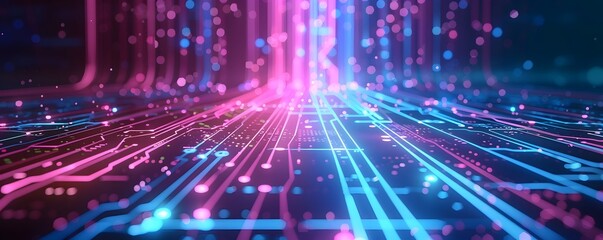 Obraz premium Digital futuristic technology abstract banner background Electronic circuit line illuminated by vibrant neon lights, forming a dynamic and interconnected network of systems