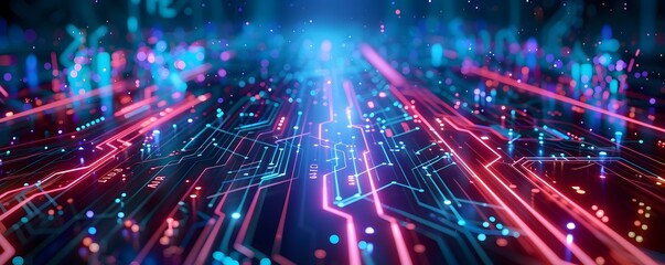 Obraz premium Digital futuristic technology abstract banner background Electronic circuit line illuminated by vibrant neon lights, forming a dynamic and interconnected network of systems