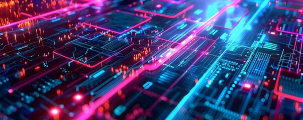 Obraz premium Digital futuristic technology abstract banner background Electronic circuit line illuminated by vibrant neon lights, forming a dynamic and interconnected network of systems