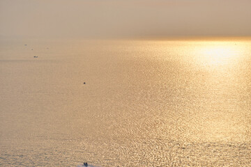 Aerial view from the cable car to the national Vietnamese wooden fishing boats on sea An Thoi harbor. Phu Quoc island, Vietnam.