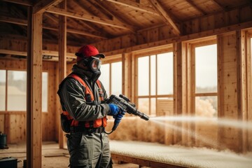 technician spraying foam insulation using plural component gun for polyurethane foam inside wooden frame house - obrazy, fototapety, plakaty